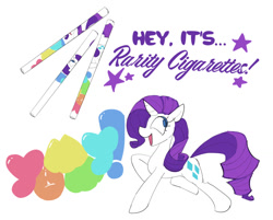 Size: 1042x838 | Tagged: safe, artist:drzootsuit, imported from derpibooru, rarity, pony, unicorn, cigarette, open mouth, simple background, smiling, solo, text, white background