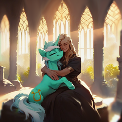 Size: 1024x1024 | Tagged: safe, imported from derpibooru, lyra heartstrings, human, pony, unicorn, ai content, ai generated, arms around neck, bush, cathedral, clothes, crepuscular rays, dress, eyes closed, female, generator:purplesmart.ai, generator:stable diffusion, hug, hugging a pony, human on pony snuggling, light, pillar, sitting, smiling, snuggling, temple, window