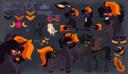 Size: 2534x1476 | Tagged: safe, artist:ghastlyexists, imported from derpibooru, oc, oc only, oc:hijinx, bat pony, bat pony unicorn, bird, cat, changeling, hybrid, owl, pony, unicorn, chest fluff, clothes, curved horn, cutie mark, ear fluff, ear piercing, earring, eyebrows, eyelashes, fangs, fluffy mane, freckles, glasses, hoodie, horn, jacket, jewelry, long tail, looking at you, magic, no pupils, nonbinary, piercing, ponytail, raised hoof, reference sheet, shirt, short mane, slit pupils, smiling, solo, spread wings, tail, tongue out, unshorn fetlocks, wings