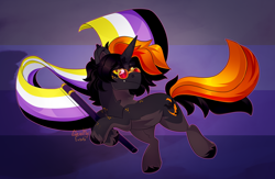 Size: 1856x1212 | Tagged: safe, artist:ghastlyexists, imported from derpibooru, oc, oc only, oc:hijinx, bat pony, bat pony unicorn, hybrid, pony, unicorn, chest fluff, crossed hooves, cutie mark, ear fluff, ear piercing, earring, eyelashes, fangs, flag, floating, fluffy mane, freckles, glasses, horn, jewelry, long tail, looking at you, nonbinary, nonbinary pride flag, piercing, pride, pride flag, raised hooves, shading, short mane, simple background, slit pupils, smiling, smiling at you, solo, tail, unshorn fetlocks