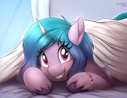 Size: 5000x3860 | Tagged: safe, artist:an-tonio, imported from derpibooru, izzy moonbow, oc, pony, unicorn, bed, bed hair, bracelet, cute, female, friendship bracelet, g5, izzybetes, jewelry, solo