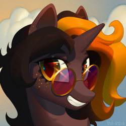 Size: 3150x3150 | Tagged: safe, artist:rrd-artist, imported from derpibooru, oc, oc only, oc:hijinx, bat pony, bat pony unicorn, hybrid, pony, unicorn, blaze (coat marking), chest fluff, cloud, coat markings, eyelashes, facial markings, fangs, fluffy mane, freckles, glasses, grin, horn, icon, looking at you, shading, shiny eyes, short mane, simple background, slit pupils, smiling, solo, sunrise