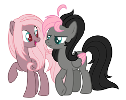 Size: 2273x1797 | Tagged: safe, artist:sinamuna, imported from derpibooru, oc, oc only, oc:coco blossom, oc:humble shade, pegasus, pony, ahoge, angry, base used, black hair, blue eyes, brother and sister, brown fur, duo, female, green eyes, grey fur, happy, male, mare, next generation, offspring, parent:fluttershy, parent:king sombra, parents:sombrashy, pink hair, red pupils, siblings, stallion