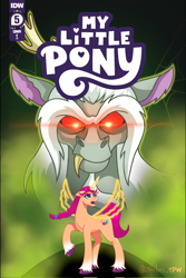 Size: 1366x2048 | Tagged: safe, artist:zendora, idw, imported from twibooru, discord, sunny starscout, spoiler:comic, spoiler:g5comic, comic, comic cover, cover, cutie mark, g5, glowing eyes, glowing eyes meme, image, my little pony: a new generation, png, raised hoof, red eyes, redraw, unshorn fetlocks