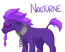 Size: 2048x1638 | Tagged: safe, artist:zendora, imported from twibooru, oc, oc only, oc:nocturne comet, earth pony, pony, beard, chains, collar, cuffs, earth pony oc, ethereal mane, eyebrows, facial hair, frown, image, leonine tail, male, missing cutie mark, png, purple sclera, short tail, simple background, solo, stallion, starry mane, third eye, white background