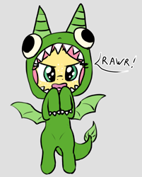 Size: 987x1229 | Tagged: safe, artist:craftycirclepony, imported from derpibooru, oc, oc only, oc:crafty circles, unicorn, bipedal, clothes, costume, cute, dragon costume, female, filly, foal, freckles, hooves to the chest, onesie, open mouth, rawr, solo