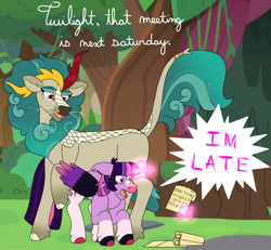 Size: 2936x2714 | Tagged: safe, artist:frostcorpsclub, imported from derpibooru, rain shine, shining armor, twilight sparkle, alicorn, kirin, alternate design, brother and sister, crouching, cursive writing, dialogue, fangs, female, forest, hebrew, incest, infidelity, leonine tail, lesbian, looking down, magic, magic aura, male, nature, panic attack, raised hoof, scroll, shiningsparkle, shipping, siblings, straight, tail, tree, twicest, twilight sparkle (alicorn)