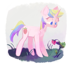 Size: 965x829 | Tagged: safe, artist:catfish-pancake, imported from derpibooru, holly dash, pony, unicorn, cute, female, food, hollybetes, looking down, mare, strawberry