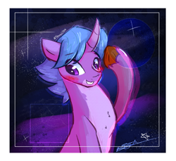 Size: 2114x1938 | Tagged: safe, artist:staceyld636, imported from derpibooru, oc, oc:star hopper, unicorn, blushing, commission, covering, curved horn, galaxy, horn, looking away, male, shading, shy, stallion, stars