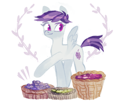 Size: 1405x1141 | Tagged: safe, artist:catfish-pancake, imported from derpibooru, sugar grape, pegasus, pony, basket, cute, female, food, grapes, mare, raised hoof, simple background, solo, white background