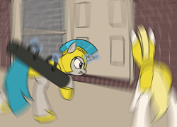 Size: 2543x1830 | Tagged: safe, artist:trash anon, imported from derpibooru, pony, unicorn, angry, armor, armored pony, battering ram, door, door breaching, door slam, female, guardsmare, helmet, hoof shoes, mare, motion blur, royal guard, royal guard armor