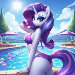 Size: 1024x1024 | Tagged: prompter needed, source needed, safe, imported from derpibooru, rarity, anthro, unicorn, ai content, ai generated, arm behind head, ass, bikini, butt, clothes, eyeshadow, female, generator:bing image creator, generator:dall-e 3, looking at you, looking back, looking back at you, makeup, missing cutie mark, outdoors, purple bikini, rearity, sexy, smiling, smiling at you, solo, standing, swimming pool, swimsuit, umbrella, water