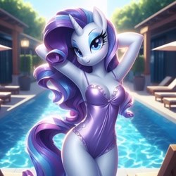 Size: 1024x1024 | Tagged: safe, imported from derpibooru, rarity, anthro, unicorn, ai content, ai generated, arm behind head, breasts, cleavage, clothes, eyeshadow, generator:bing image creator, generator:dall-e 3, looking at you, makeup, missing cutie mark, one-piece swimsuit, outdoors, purple swimsuit, sexy, smiling, smiling at you, solo, standing, swimming pool, swimsuit