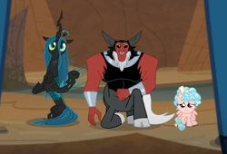 Size: 1014x691 | Tagged: safe, imported from derpibooru, screencap, cozy glow, lord tirek, queen chrysalis, frenemies (episode), animation error, cozybetes, cropped, cute, cutealis, kneeling, legion of doom, long neck, no mouth, scared, sitting, trio