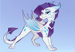 Size: 2048x1423 | Tagged: safe, artist:koffeemilk, imported from derpibooru, rarity, dragon, dragonified, female, gradient background, raridragon, smiling, solo, species swap, wings