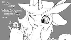 Size: 1920x1080 | Tagged: safe, artist:aripegio del mandolino, oc, oc only, oc:aripegio del mandolino, dragon, pony, unicorn, clothes, dialogue, fangs, female, grayscale, hat, horn, mare, micro, monochrome, one eye closed, size difference, slit pupils