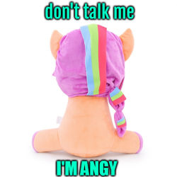 Size: 500x500 | Tagged: safe, imported from derpibooru, sunny starscout, earth pony, angry, braid, caption, g5, meme, merchandise, multicolored hair, photo, plushie, rainbow hair, text, toy