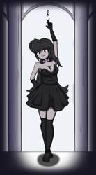 Size: 3203x5810 | Tagged: safe, artist:toxinagraphica, imported from derpibooru, octavia melody, equestria girls, black dress, bowtie, clothes, dress, female, gloves, socks, solo, stockings, thigh highs