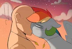 Size: 4167x2800 | Tagged: safe, artist:welost, imported from derpibooru, rainbow dash, oc, oc:anon, human, pegasus, pony, blushing, eyes closed, french kiss, interspecies, jewelry, kiss on the lips, kissing, necklace, passionate, pony on human action, shipping, sunset, surprise kiss, surprised