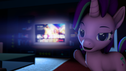 Size: 3840x2160 | Tagged: safe, artist:darkad8000, imported from derpibooru, starlight glimmer, pony, unicorn, 3d, absurd resolution, bedroom eyes, female, grand theft auto, gta v, high res, imminent sex, interior, inviting, inviting you, lens flare, looking at you, mare, netflix, open mouth, pointing, seductive look, sexy, smiling, solo, source filmmaker, stupid sexy starlight glimmer, television