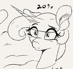 Size: 1212x1146 | Tagged: source needed, useless source url, safe, artist:2fat2fly, princess celestia, alicorn, pony, blushing, bust, ear fluff, eye clipping through hair, female, horn, mare, monochrome, portrait, solo, wide eyes