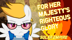 Size: 1000x561 | Tagged: safe, edit, editor:toastypk, imported from derpibooru, oc, oc:lightpoint, pegasus, pony, april fools 2023, clothes, glare, glasses, looking at you, male, poster, propaganda, salute, silhouette, solar empire, solo, spread wings, stallion, wings