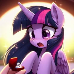 Size: 1024x1024 | Tagged: safe, imported from derpibooru, twilight sparkle, alicorn, human, pony, ai content, ai generated, blushing, female, generator:dall-e 3, hand, jewelry, mare, marriage proposal, open mouth, ring, teary eyes, twilight sparkle (alicorn)