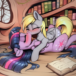 Size: 2048x2048 | Tagged: safe, imported from derpibooru, derpy hooves, twilight sparkle, pegasus, pony, unicorn, ai content, ai generated, blushing, book, bookshelf, cheek fluff, chest fluff, cute, ear fluff, eyes closed, female, floor, generator:pony diffusion v6 xl, generator:stable diffusion, golden oaks library, high res, indoors, kiss on the lips, kissing, lesbian, lying down, lying on top of someone, mare, on back, on floor, prompter:tyto4tme4l, shipping, twerpy, unicorn twilight, window
