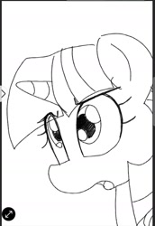 Size: 1080x1570 | Tagged: safe, artist:datte-before-dawn, twilight sparkle, pony, unicorn, eye clipping through hair, female, horn, mare, monochrome, open mouth, solo