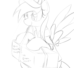 Size: 920x839 | Tagged: safe, artist:datte-before-dawn, derpy hooves, pegasus, pony, clothes, female, hat, mare, monochrome, mouth hold, package, shirt, solo, spread wings, ted kaczynski, this will end in death, this will end in tears, this will end in tears and/or death, uniform, wings