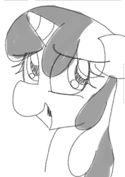 Size: 1080x1523 | Tagged: safe, artist:datte-before-dawn, oc, oc only, oc:righty tighty, pony, unicorn, bust, eye clipping through hair, female, grayscale, horn, looking away, mare, monochrome, open smile, portrait, smiling, solo