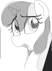 Size: 967x1311 | Tagged: safe, artist:datte-before-dawn, oc, oc only, oc:righty tighty, pony, unicorn, eye clipping through hair, female, grayscale, horn, looking at you, mare, monochrome, open mouth, solo