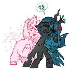 Size: 2661x2613 | Tagged: safe, artist:opalacorn, imported from derpibooru, queen chrysalis, oc, oc:fluffle puff, changeling, changeling queen, earth pony, pony, ><, canon x oc, chrysipuff, cross-popping veins, emanata, eyes closed, female, lesbian, mare, nuzzling, shipping, simple background, smiling, white background