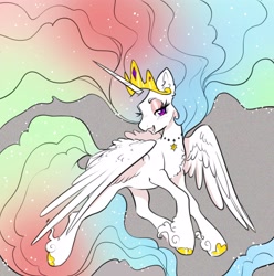 Size: 3972x3997 | Tagged: safe, artist:opalacorn, imported from derpibooru, princess celestia, alicorn, pony, commission, female, high res, hoof fluff, impossibly long mane, impossibly long tail, lidded eyes, long feather, long mane, looking at you, mare, partially open wings, smiling, smiling at you, solo, tail, wings