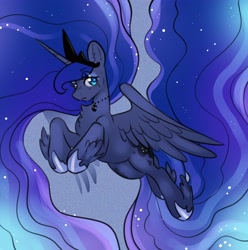 Size: 3972x3997 | Tagged: safe, artist:opalacorn, imported from derpibooru, princess luna, alicorn, pony, commission, female, high res, impossibly long mane, impossibly long tail, lidded eyes, long mane, looking at you, mare, smiling, smiling at you, solo, tail, winged hooves