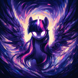 Size: 2048x2048 | Tagged: safe, imported from derpibooru, twilight sparkle, alicorn, pony, ai content, ai generated, generator:bing image creator, glowing, glowing horn, goddess, horn, it's coming right at us, looking at you, magic, prompter:krivovyaz, solo, spread wings, twilight sparkle (alicorn), white eyes, wings