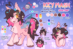 Size: 3000x2000 | Tagged: safe, artist:cuiicie, imported from derpibooru, oc, oc only, oc:key mash, bat pony, ahoge, female, horns, pronouns, reference sheet, solo, unshorn fetlocks