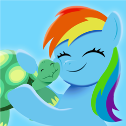 Size: 1501x1501 | Tagged: safe, artist:prixy05, imported from derpibooru, rainbow dash, tank, pegasus, pony, tortoise, blue background, cheek squish, female, hug, lineless, mare, simple background, squishy cheeks