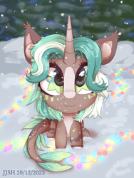 Size: 1620x2160 | Tagged: safe, artist:jjsh, imported from derpibooru, oc, oc only, pony, unicorn, cute, cute face, ear fluff, female, fish tail, fluffy, forest, garland, high res, horn, looking at you, looking up, mare, multicolored hair, multicolored mane, nature, sitting, smiling, smiling at you, snow, snowfall, solo, tail, tree, winter