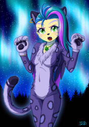 Size: 699x1000 | Tagged: safe, artist:uotapo, imported from derpibooru, equestria girls, spoiler:g5, spoiler:my little pony: tell your tale, spoiler:tyts01e70, adoraposey, allura, alternate hairstyle, claws, clothes, cosplay, costume, cute, ear piercing, earring, equestria girls-ified, eyeshadow, face paint, fursuit, g5, g5 to equestria girls, g5 to g4, generation leap, gloves, jewelry, makeup, my little pony: tell your tale, necklace, paw gloves, paw pads, piercing, posey bloom, rawr, scene interpretation, snaggletooth, snow business like show business, solo, whiskers