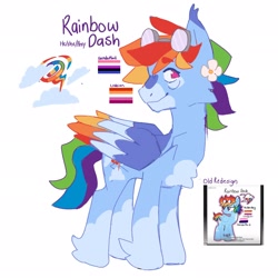 Size: 2048x2048 | Tagged: safe, artist:gumba1ls, imported from derpibooru, rainbow dash, colored wings, flower, genderfluid pride flag, goggles, goggles on head, headcanon, lesbian pride flag, multicolored wings, pride, pride flag, rainbow wings, reference sheet, simple background, white background, wings