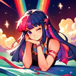 Size: 2048x2048 | Tagged: safe, imported from derpibooru, twilight sparkle, human, ai content, ai generated, generator:pony diffusion v6 xl, looking at you, one eye closed, rainbow, smiling, smiling at you, solo, stars, wink, winking at you