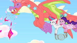 Size: 3072x1727 | Tagged: safe, imported from derpibooru, screencap, pipp petals, zipp storm, dragon, pegasus, pony, spoiler:g5, spoiler:my little pony: tell your tale, spoiler:tyts02e03, cake, cake dragon, female, flying, food, frown, g5, mare, my little pony: tell your tale, royal sisters (g5), siblings, sisters, spread wings, trio, wings