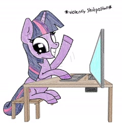 Size: 2017x2108 | Tagged: safe, artist:scandianon, imported from derpibooru, twilight sparkle, pony, unicorn, computer, derp, desk, female, mare, simple background, smiling, unicorn twilight, white background