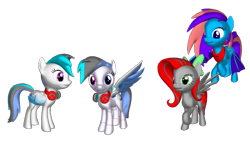 Size: 666x375 | Tagged: safe, artist:snowy starshine, imported from derpibooru, oc, oc:frost night, oc:red, oc:red virus, oc:snowy starmech, oc:snowy starshine, bat pony, pegasus, pony, bow, clothes, flying, headphones, mech, scarf, spread wings, wings
