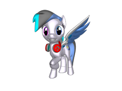 Size: 1200x900 | Tagged: safe, artist:snowy starshine, imported from derpibooru, oc, oc:snowy starmech, pegasus, pony, 3d pony creator, headphones, looking at you, mech, smiling, smiling at you, spread wings, wings