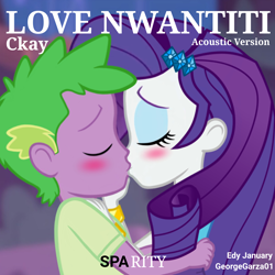 Size: 1920x1920 | Tagged: safe, artist:edy_january, artist:georgegarza01, imported from derpibooru, rarity, spike, human, series:romantic stories, series:sparity, equestria girls, equestria girls series, rollercoaster of friendship, album, album cover, blushing, boyfriend and girlfriend, ckay, eyes closed, eyeshadow, female, geode of shielding, hug, human spike, humanized, jewelry, kiss on the lips, kissing, love nwantiti, love nwantiti (song), magical geodes, makeup, male, music, rarity peplum dress, shipping, simple background, song, sparity, straight