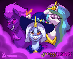 Size: 2048x1638 | Tagged: safe, artist:zendora, imported from twibooru, princess celestia, oc, oc:maho silvermoon, oc:nocturne comet, alicorn, classical unicorn, earth pony, pony, unicorn, abstract background, beard, candle, cape, clothes, cloven hooves, crown, earth pony oc, ethereal mane, evil grin, eyebrows, eyes closed, facial hair, facial scar, freckles, frown, grin, hat, horn, image, jewelry, leonine tail, looking at you, mist, png, purple sclera, regalia, sad, secrets of the cosmos, smiling, smiling at you, starry mane, unicorn oc, unshorn fetlocks, wizard hat