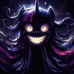 Size: 1024x1024 | Tagged: safe, imported from derpibooru, twilight sparkle, ai content, ai generated, crazy eyes, crazy face, dark, evil, faic, generator:bing image creator, generator:dall-e 3, insanity, long hair, nightmare fuel, prompter:enterusxrname, solo, teeth, twilight snapple