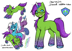 Size: 4132x2919 | Tagged: safe, artist:daisy_marshmallow, imported from derpibooru, oc, oc:daniela glitter wave, pony, auroricorn, auroricorn oc, comet (g5), female, g5, glasses, high res, reference sheet, sharp teeth, simple background, solo, teeth, text, violet frost, white background